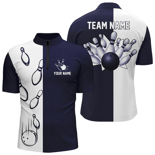 Navy Blue and white retro vintage Bowling Quarter Zip shirts for men custom Bowling team jerseys NQS6480