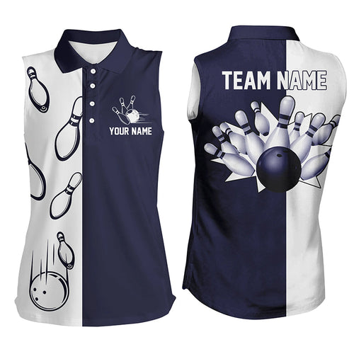 Navy Blue and white retro vintage Bowling sleeveless polo shirts for women custom Bowling team jerseys NQS6480