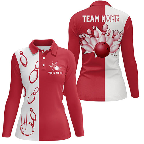 Red and white retro vintage Bowling polo shirts for women custom Bowling team jerseys NQS6482