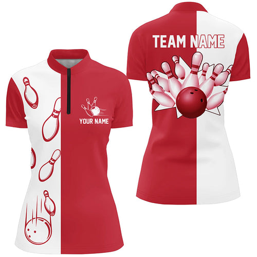 Red and white retro vintage Bowling Quarter Zip shirts for women custom Bowling team jerseys NQS6482