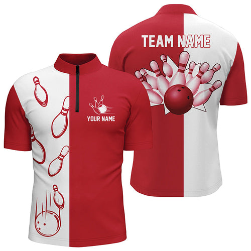 Red and white retro vintage Bowling Quarter Zip shirts for men custom Bowling team jerseys NQS6482