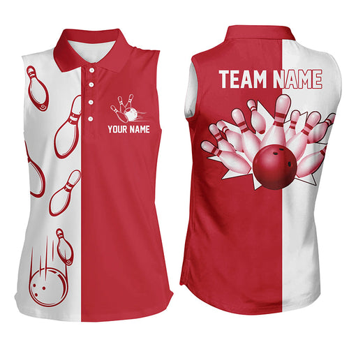 Red and white retro vintage Bowling sleeveless polo shirts for women custom Bowling team jerseys NQS6482