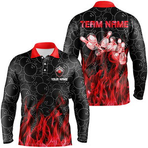 Personalized Men polo Bowling Shirt Red Flame Bowling Ball and Pins camo bowling jersey for men Bowler NQS6739