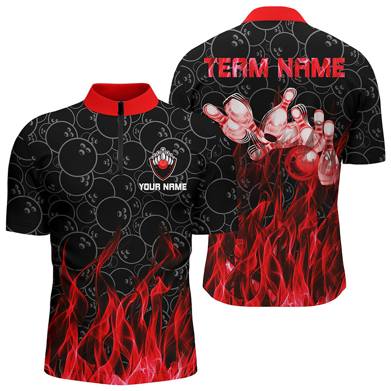 Personalized Men Quarter Zip Bowling Shirt Red Flame Bowling Ball Pins camo bowling jerseys for Bowler NQS6739