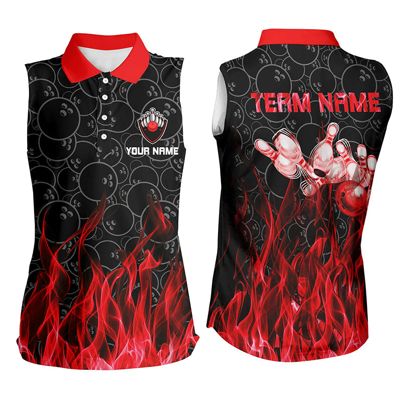 Personalized Women sleeveless polo shirts Red Flame camo Bowling Ball Pins bowling jerseys for Bowler NQS6739