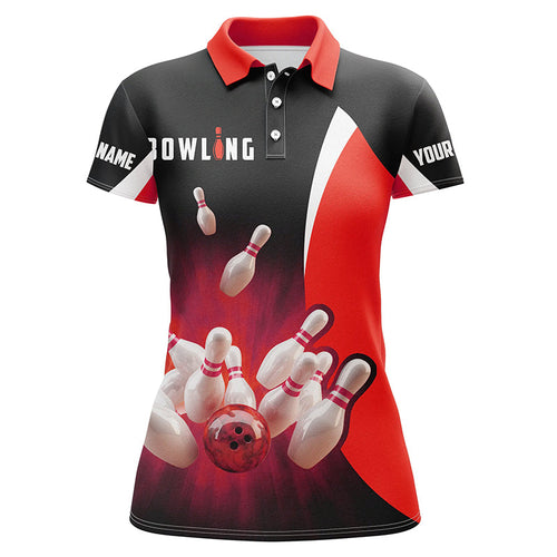 Custom bowling shirts retro black and red Bowling polo shirts for women, Bowling team jerseys NQS6936