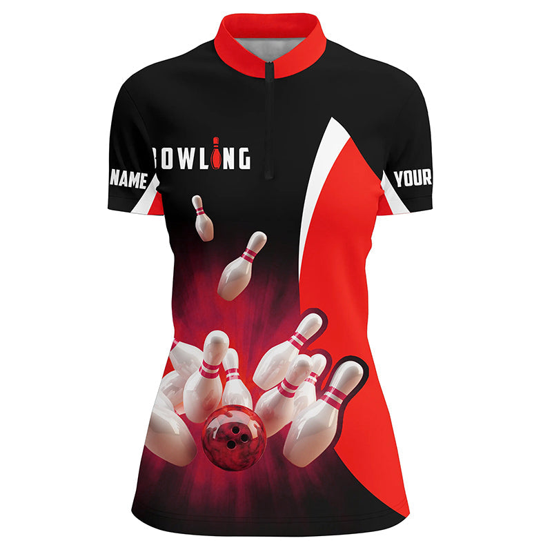 Custom bowling shirts retro black and red Bowling Quarter Zip shirts for women, Bowling team jersey NQS6936