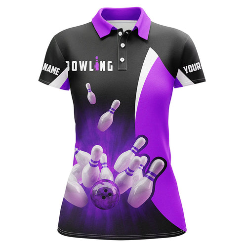 Custom bowling shirts retro black and purple Bowling polo shirts for women, Bowling team jerseys NQS6937