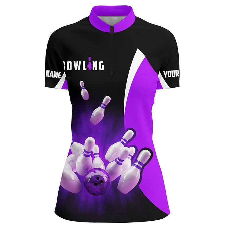 Custom bowling shirts retro black and purple Bowling Quarter Zip shirts for women, Bowling team jersey NQS6937