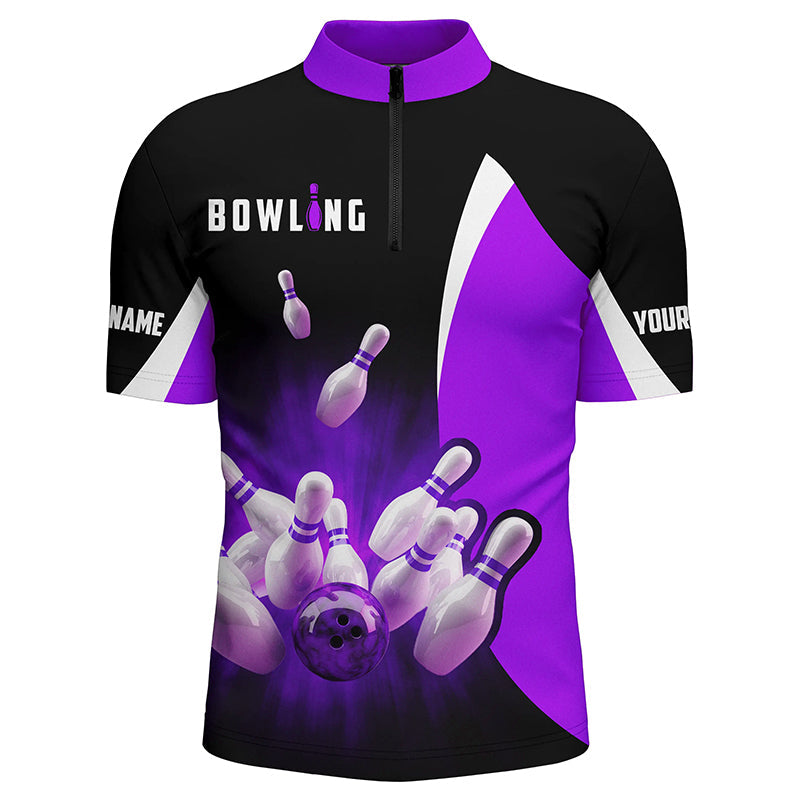 Custom bowling shirts retro black and purple Bowling Quarter Zip shirts for men, Bowling team jersey NQS6937