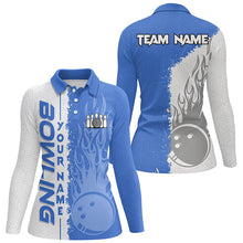 Load image into Gallery viewer, Women bowling polo shirts Custom white and blue flame Bowling ball and pins Team league Jerseys NQS7103