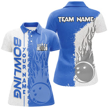 Load image into Gallery viewer, Women bowling polo shirts Custom white and blue flame Bowling ball and pins Team league Jerseys NQS7103