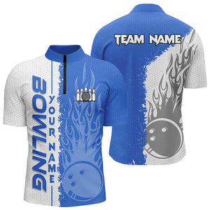 Men bowling Quarter Zip shirts Custom white and blue flame Bowling ball and pins Team league Jerseys NQS7103