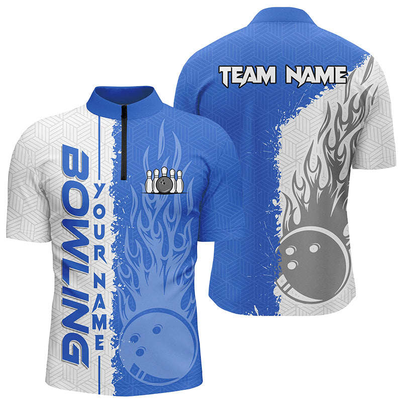 Men bowling Quarter Zip shirts Custom white and blue flame Bowling ball and pins Team league Jerseys NQS7103