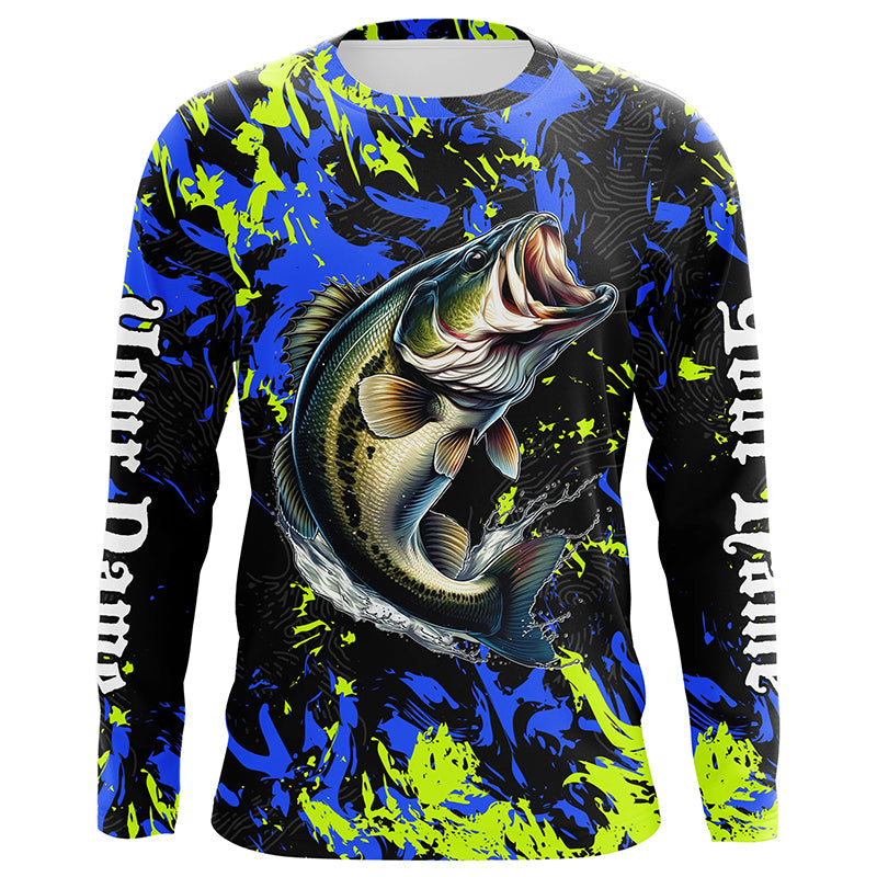 Largemouth Bass fishing green blue camo Custom UV protection performance long sleeve fishing shirt NQS7099