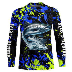 Chinook salmon fishing green blue camo Custom performance long sleeve fishing shirt, salmon jerseys NQS7217