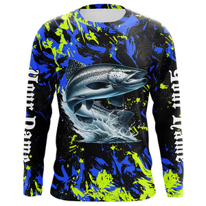 Chinook salmon fishing green blue camo Custom performance long sleeve fishing shirt, salmon jerseys NQS7217