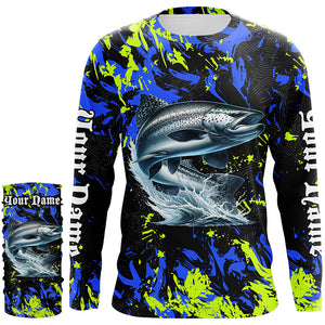 Chinook salmon fishing green blue camo Custom performance long sleeve fishing shirt, salmon jerseys NQS7217