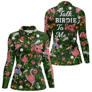 Funny Womens golf polo shirt custom green Christmas tree flamingo golf shirts talk birdie to me NQS6747