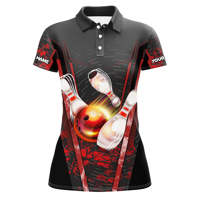 Women bowling polo shirts custom black and red bowling apparel team bowling jerseys, gift for bowlers NQS7224