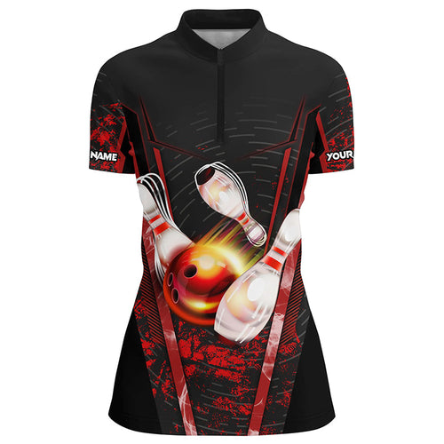 Womens Quarter Zip shirts custom black and red bowling apparel team bowling jerseys, gift for bowlers NQS7224