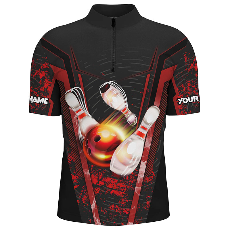 Men's Quarter Zip shirts custom black and red bowling apparel team bowling jerseys, gift for bowlers NQS7224