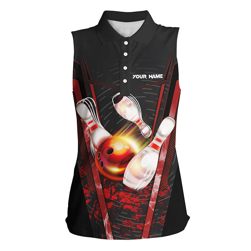 Women sleeveless polo shirts custom black red bowling apparel team bowling jerseys, gift for bowlers NQS7224
