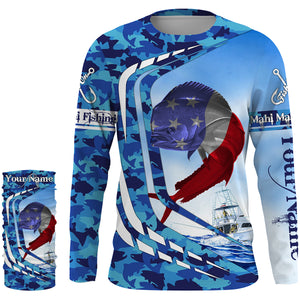Mahi-mahi Dorado fishing American flag patriotic blue sea camo Custom UV protection fishing jersey NQS3705