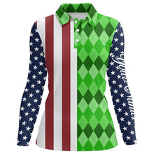 Load image into Gallery viewer, Womens golf polo shirts American flag patriotic custom green argyle pattern golf top for ladies NQS6492