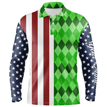 Load image into Gallery viewer, Mens golf polo shirts American flag patriotic custom green argyle pattern mens golf polos NQS6492