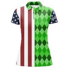 Load image into Gallery viewer, Womens golf polo shirts American flag patriotic custom green argyle pattern golf top for ladies NQS6492