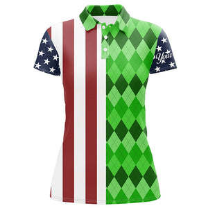 Womens golf polo shirts American flag patriotic custom green argyle pattern golf top for ladies NQS6492