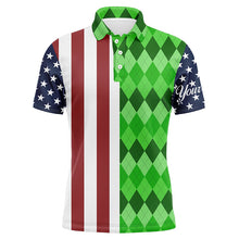 Load image into Gallery viewer, Mens golf polo shirts American flag patriotic custom green argyle pattern mens golf polos NQS6492