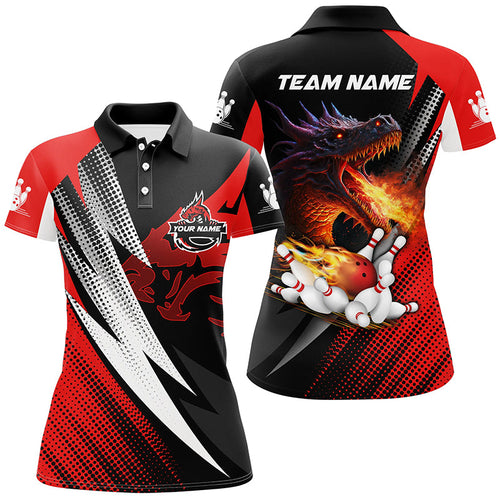 Red and black Flame Dragon Bowling balls pins custom bowling polo shirts for women, bowling jerseys NQS6497