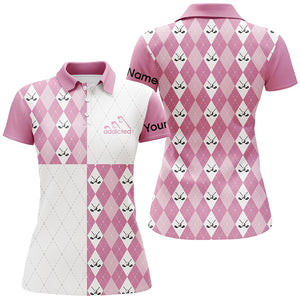 Golf addicted Womens golf polo shirts custom name pink white golf ball clubs pattern, team golf shirts NQS4251