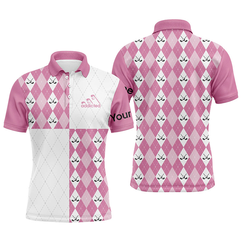 Golf addicted Mens golf polo shirts custom pink white golf ball clubs pattern, team golf shirts NQS4251