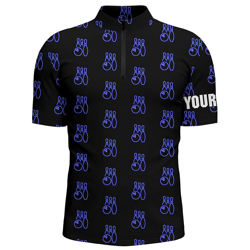 Black Neon Bowling seamless pattern Custom Mens bowling Quarter Zip shirt, bowling team league jerseys NQS6761