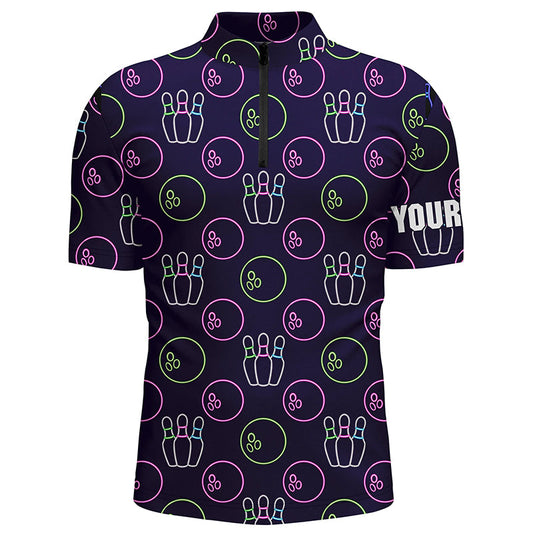 Purple Neon Bowling seamless pattern Custom Mens bowling Quarter Zip shirt, bowling team league jersey NQS6762