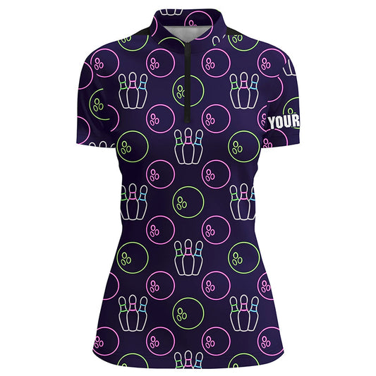 Purple Neon Bowling seamless pattern Custom Women bowling Quarter Zip shirt bowling team league jersey NQS6762
