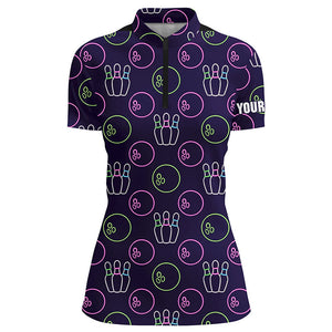 Purple Neon Bowling seamless pattern Custom Women bowling Quarter Zip shirt bowling team league jersey NQS6762