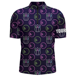 Purple Neon Bowling seamless pattern Custom Mens bowling Quarter Zip shirt, bowling team league jersey NQS6762