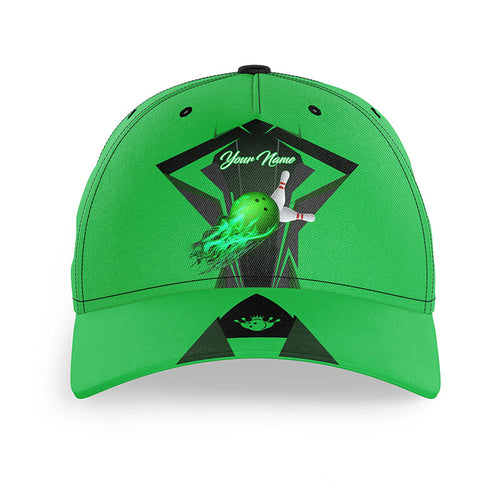 Green Flame Bowling Ball and Pins Custom Bowling Hat, Bowling Cap for team, gift for Bowlers NQS7231