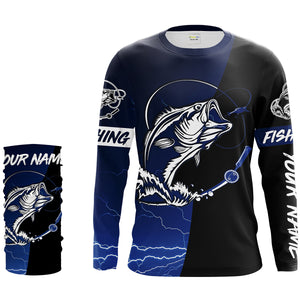 Largemouth Bass Fishing tattoo blue camo black Custom name UPF30+ performance fishing shirts fishing gift for men, women NQS2049