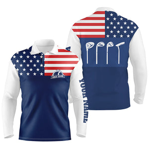 Mens golf polo shirt golf club American flag patriot golf custom name blue golf shirt, golfing gift NQS4038