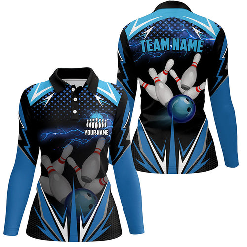 Black Women Bowling Polo Shirt Custom blue lightning team Ladies Bowlers Jerseys bowling outfits NQS6506