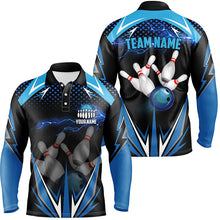 Load image into Gallery viewer, Black Men Bowling Polo Shirt Custom blue lightning team Mens Bowlers Jerseys bowling outfits NQS6506