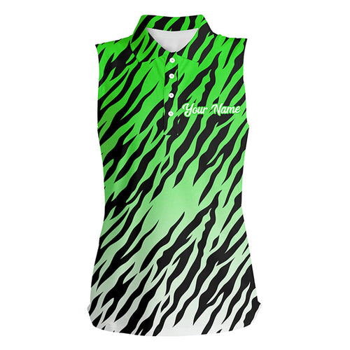 Green tiger stripes pattern Womens sleeveless polo shirts custom golf apparel for ladies, golf gifts NQS7109