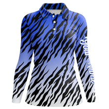 Load image into Gallery viewer, Blue tiger stripes pattern Womens golf polo shirts custom golf apparel for ladies, best golf gifts NQS7110