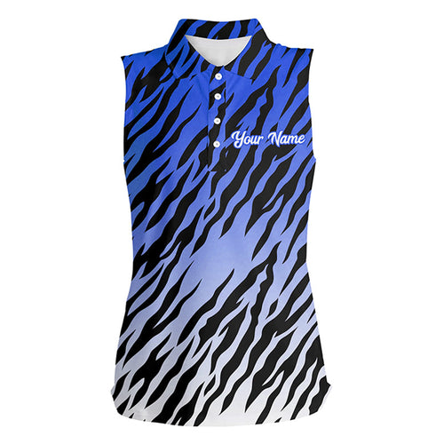 Blue tiger stripes pattern Womens sleeveless polo shirts custom golf apparel for ladies, golf gifts NQS7110