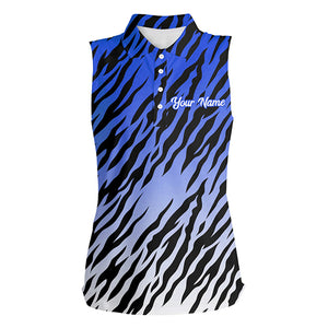 Blue tiger stripes pattern Womens sleeveless polo shirts custom golf apparel for ladies, golf gifts NQS7110